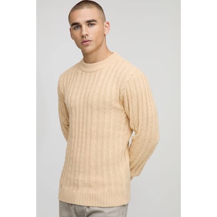 Muscle Fit Cable Knitted Jumper | Sand | Size Medium