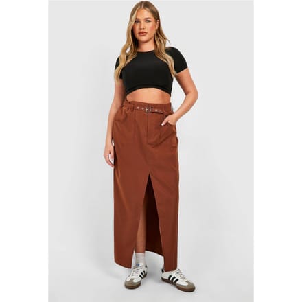 boohoo Dames Plus Geweven Eyelet Maxi Rok met Ceintuur | Chocoladebruin | Maat: 56