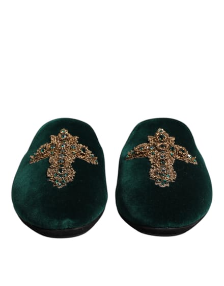 Dolce & Gabbana Groene Fluwelen Kruzend Versierde Slipperschoenen