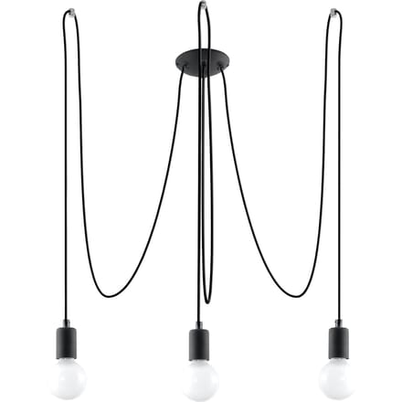 Kroonluchter EDISON 3 met 3 lange gevlochten kabels - Sollux Lighting - IP20 - Zwart stof/staal behuizing - 300 x 300 x 150 cm - 3 x E27 LED, exclusief lichtbron - 3 x 15 W - Industriële kroonluchter voor woonkamer, slaapkamer en eetkamer