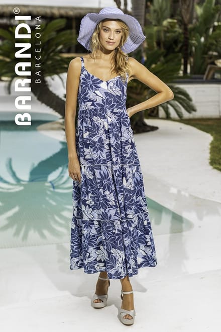Barandi - Lange Strandjurk - Wit/Blauw Bloemen - S