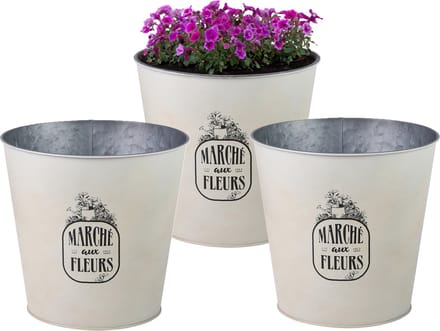 Sunnydays Emmer/plantenpot/bloempot - 3x - zink - ivoorwit - D23 x H22 cm