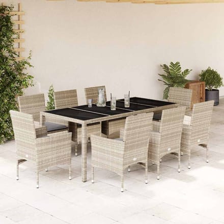 vidaXL - 9-delige - Tuinset - met - kussens - poly - rattan - en - glas - lichtgrijs