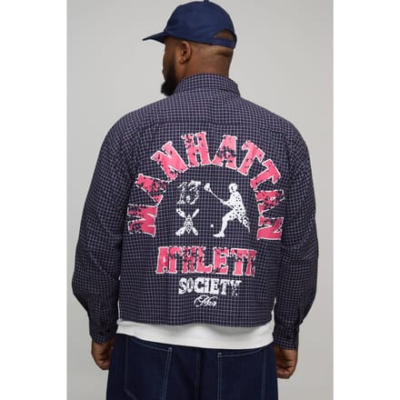 Plus oversized boxy varsity-print micro-check overhemd | Grey | Size 2XL
