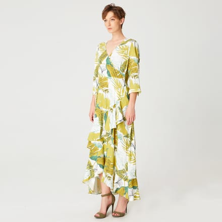Tropische print frisse midi -jurk met kruisbuste