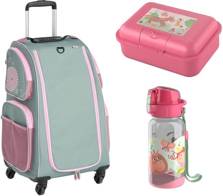 HABA Kinderkoffer Schranktrolley 4 Rollen, Brotdose und Trinkflasche