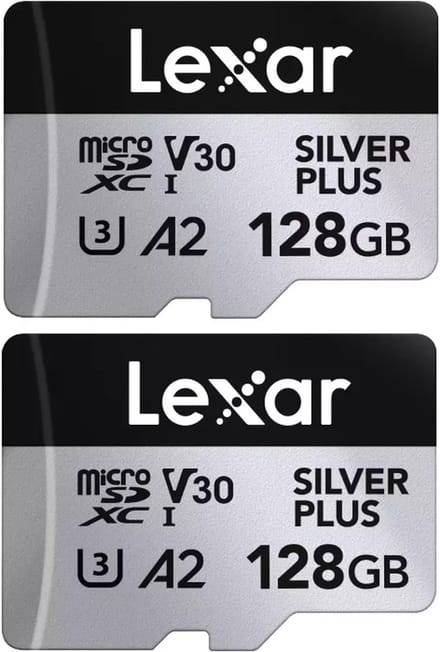 Lexar microSDXC Silver Plus UHS-I 128GB (2-pack) - Lezen 205MB/s, Schrijven 150MB/s - V30