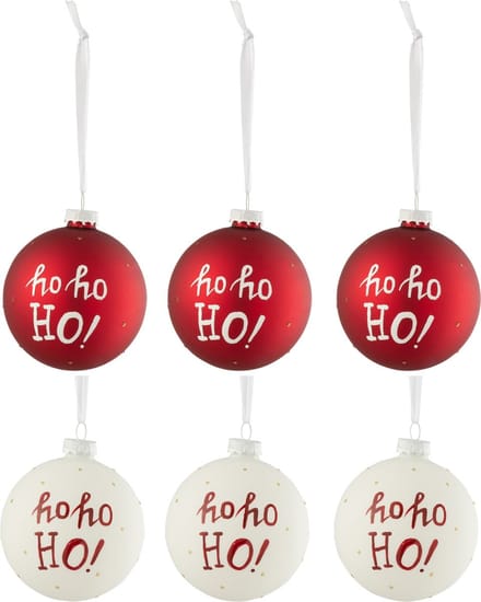 J-Line kerstbal Hohoho! - glas - wit/rood - doos van 6