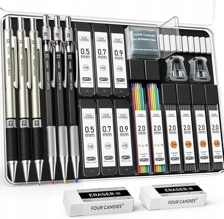 Set van 6 Mechanische Potloden - Metaal, Compleet met Accessoires