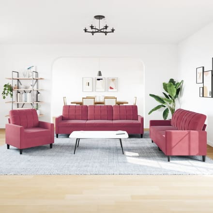 vidaXL - 3-delige - Loungeset - met - kussens - fluweel - wijnrood