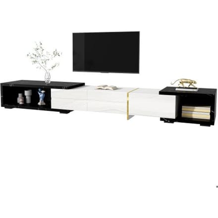 Moderne tv-meubel, variabele lengte (140-260 cm), draaifunctie, buitenkant van zwart marmer wit
