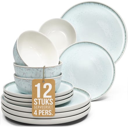 Pure Living Ibiza Light 12-Delig Serviesset - Beigeblauw - Krasbestendig Aardewerk - 4 Persoons - Magnetronbestendig