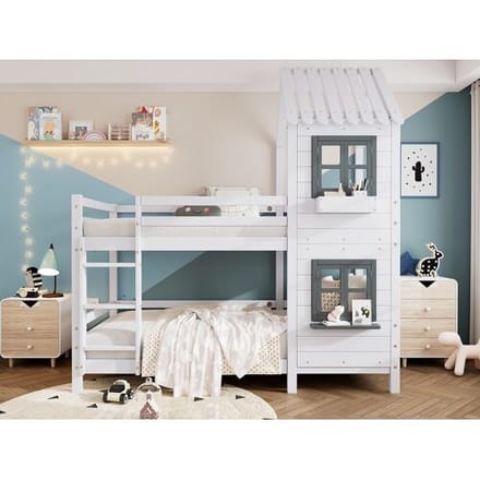ModernLuxe Stapelbed 90x200 cm in massief hout - met lattenbodem - Wit & Grijs