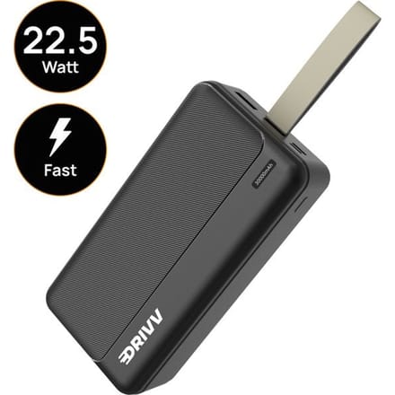 Drivv. Powerbank 30.000 mAh - 22,5W snellader - USB 3.0 - USB-C - Micro USB - Zwart