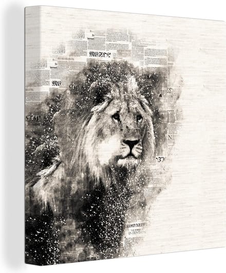 Canvas Schilderij Leeuw - Krant - Zwart - Wit - 90x90 cm - Wanddecoratie