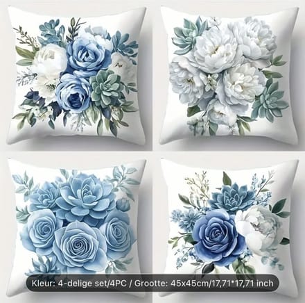4-Pack Moderne Geometrische Blauwe en Witte Bloemen Polyester Kussenhoezen