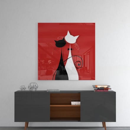 Glasschilderij Vierkant - Katten – Abstract – Rode Achtergrond - 80x80 cm