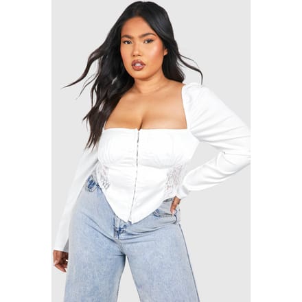 boohoo Dames Plus Corset Top met Kantinzet | Wit | Maat: 56