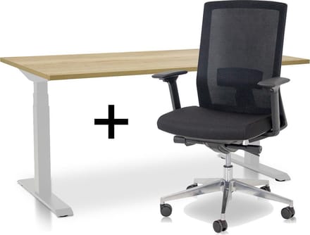 Zit-sta bureau elektrisch verstelbaar +  ERGO Bureaustoel | MRC PRO NEN-EN 527 Thuiswerkset | frame bureau wit - bureaublad robuust eiken | 160x80 cm