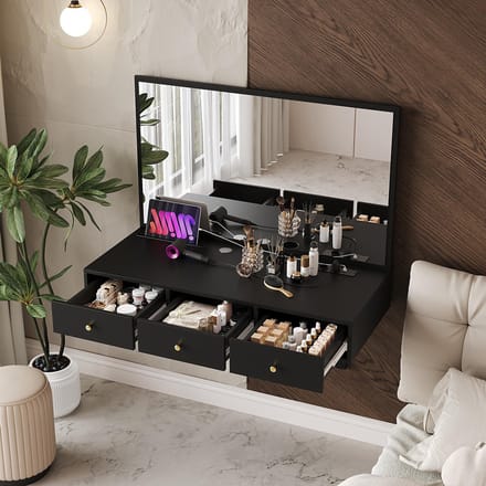 Pugsdrly - Make-uptafel - Hangend - met spiegel - 3 lades - stopcontacten - tablethouder - bekerhouder - zwart