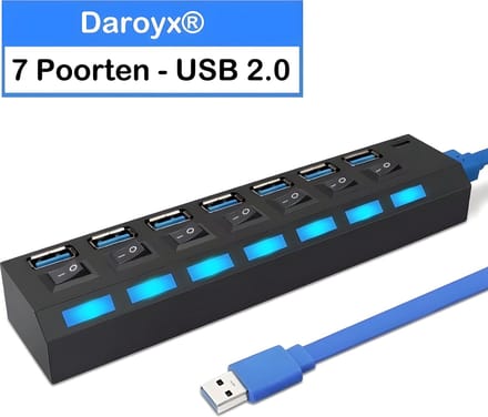 Daroyx® DXU2X7Pro 2.0 USB Hub - USB Splitter - 7 USB 2.0 poorten met Aan/Uit Schakelaar en Led Indicator