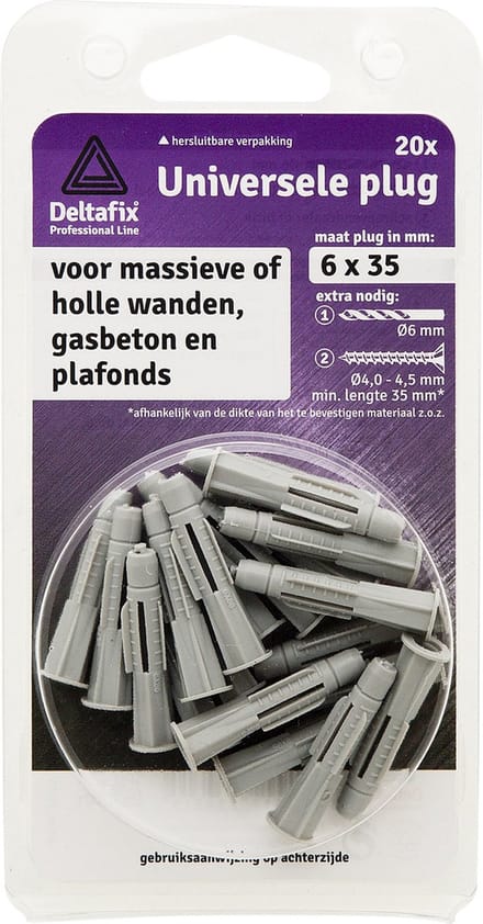 Deltafix universeelplug met kraag grijs 6 x 35 mm 20 st.