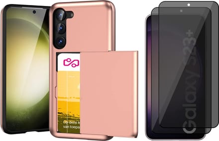 Hoesje met Pasjeshouder geschikt voor Samsung Galaxy S23 Plus - 2x Privacy Screen Protector FullGuard - Back Cover SlideCase Roségoud & Screenprotector