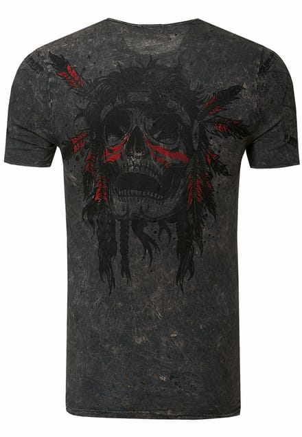 T-shirt met gewassen ronde hals, knoopsluiting en prints