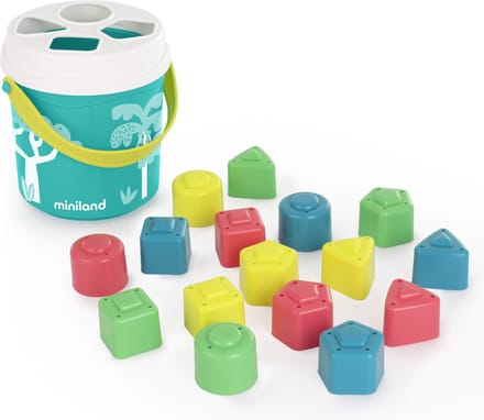 MINILAND Sorteeremmer - Turkoois - 15Xdiam.14Cm - Met 16 Blokjes - 1 Jaar