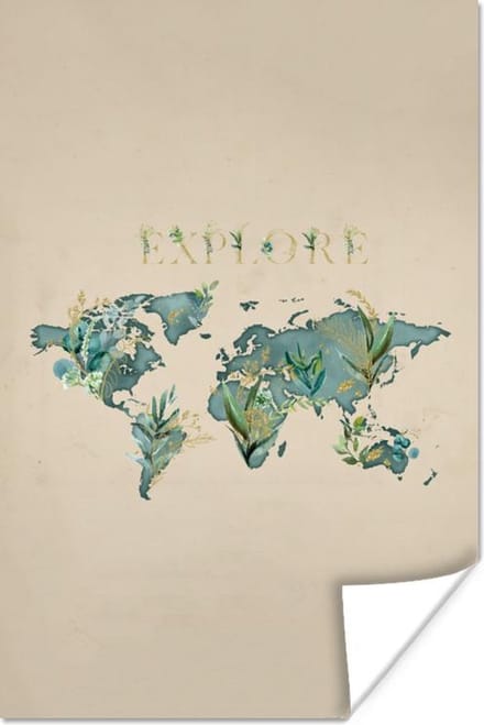 Poster - Wereldkaart - Turquoise - Planten - 80x120 cm