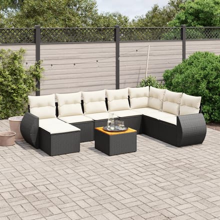vidaXL - 9-delige - Loungeset - met - kussens - poly - rattan - zwart