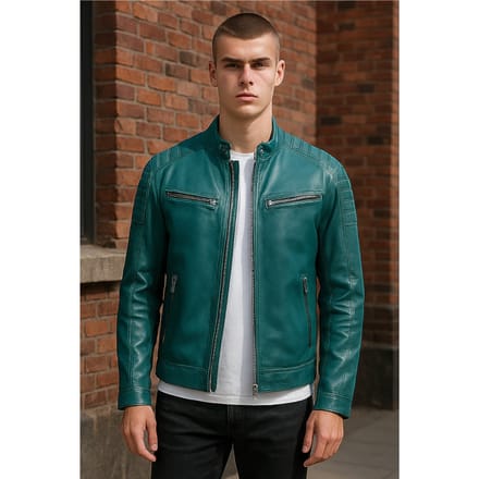 Heren Groen Modern Klassiek Leren Gewatteerd Bikerjack - Smithton