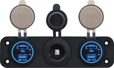 ProRide 12V USB Autolader 2 Poorten - 65W/QC3.0 - Voltmeter en 12V/24V Sigarettenplug - Drievoudig inbouw