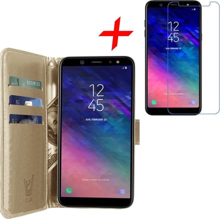 Hoesje geschikt voor Samsung Galaxy A6 2018 - Screen Protector GlassGuard - Book Case Kunstleer Pasjeshouder Goud & Screenprotector