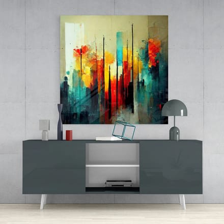 Glasschilderij Abstract - Stad - Silhouet - Kleurrijk - 40x40 cm - 4 mm