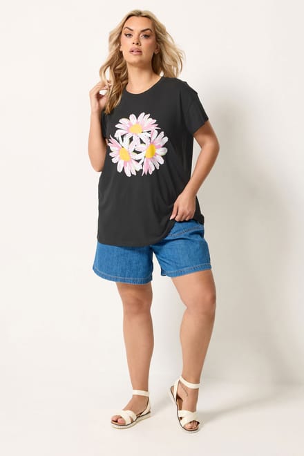 Yours Zwart Tshirt Met Madeliefjes En Studs Size 66-68