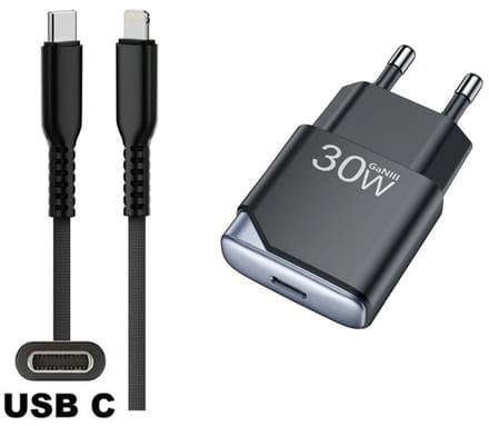 OneOne 30W snellader + 0,5m sterke USB C naar Lightning kabel. GAN lader. PD PPS oplader adapter past op Apple iPhone 13 Mini, iPhone 13 Pro, iPhone 13 Pro Max, iPhone 14, iPhone 14 Plus, iPhone 14 Pro, iPhone 14 Pro Max