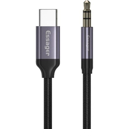 Essager® USB-C naar 3.5mm Jack Aux Kabel DAC Connector 1 meter Grijs -USB C naar 3.5mm Audio Jack | USB C Aux Adapter | 3.5mm Audiojack | 2-in-1 | Type USB-C | USB-C Charge | Adapter | Smartphone 3.5 Audio Jack