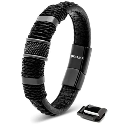 SERASAR Lederen Herenpolsbandje [Ring] - Zwart 17cm - Geweldig-Idee