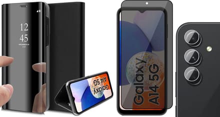 Hoesje geschikt voor Samsung Galaxy A14 - Privacy Screenprotector FullGuard & Camera Lens Screen Protector - Book Case Spiegel Zwart