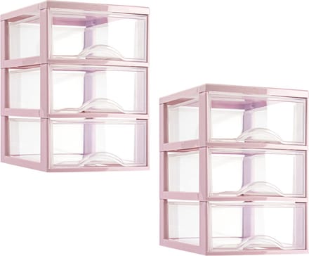 Plasticforte ladeblokje/bureau organizer - 2x - 3 lades - transparant/roze - L18 x B25 x H25 cm
