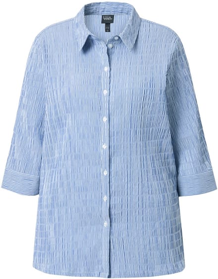 Ulla Popken - Dames - Overhemdblouse strepen bubble-structuur 3/4-mouwen - Kobaltblauw - Maat 66+