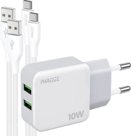 Phreeze usb lader 10 W - Dual usb poorten - Power adapter met 2 usb A naar usb C kabels 1 m - Voor tablet, laptop en controller