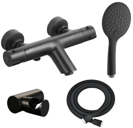FugaFlow Efficiente Sobrado thermostatische bad-/douchekraan met handdouchehouder, doucheslang en 3-standen handdouche mat zwart -