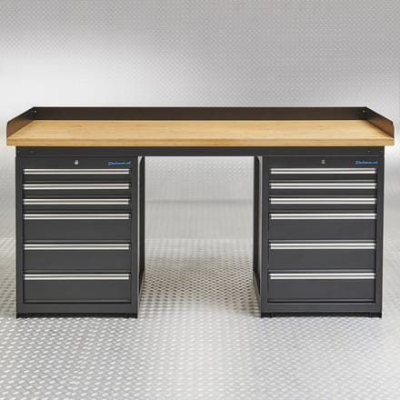 Datona® Werkbank PRO - eiken werkblad - 12 lades - 200 cm - Zwart