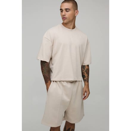Oversized Boxy T-Shirt & Drop Crotch Shorts Set | Stone | Size Small