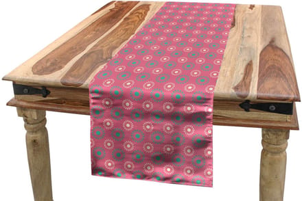 ABAKUHAUS Bloemen tafelrok – 40x180 cm – Polyester, roze-teal-wit