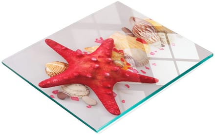 Decoratieve snijplank van gehard glas met zeesterrenschelpen, 60x52 cm
