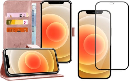 Hoesje geschikt voor iPhone 12 Pro Max - Screen Protector FullGuard - Book Case Kunstleer Pasjeshouder Rosegoud & Screenprotector