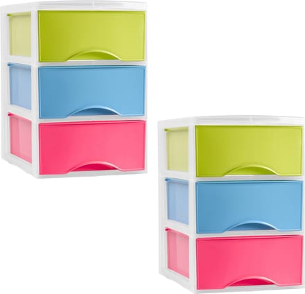 Plasticforte ladeblokje/bureau organizer - 2x stuks - 3 lades - multi kleuren - L18 x B25 x H25 cm